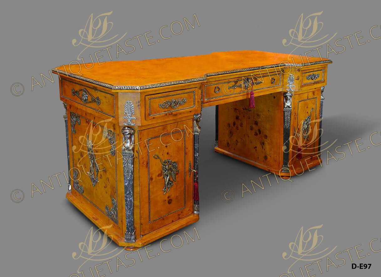 Napoleon Empire style ormolu-mounted veneer inlaid and set-with marble grand partner desk on the manner of Jacob-Desmalter